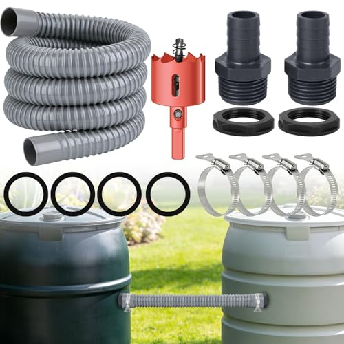 Juego de conexión para barriles de lluvia, 32 mm con manguera de 70 cm, 4 abrazaderas de tubo de acero inoxidable y abridor de agujeros de 32 mm, conector para agua de lluvia, toneladas de tanques de