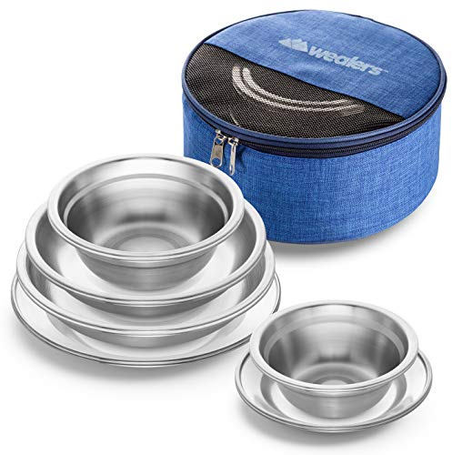 Wealers Stainless Steel Plates and Bowls Camping Set Small and Large Dinnerware for Kids, Adults, Family | Camping, Hiking, Beach, Outdoor Use | Incl. Travel Bag (12 Piece Set)