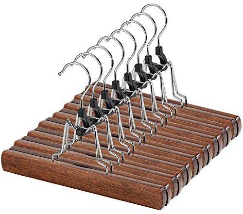 AMKUFO 12 Pack Wooden Pants Hangers with Clips Non Slip Skirt Hangers Walnut Trouser Clamp Hanger Solid Wood Hanger with 360° Swivel Hook
