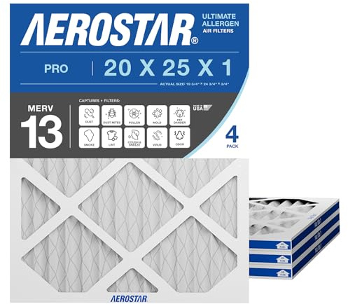 Aerostar 20 x 25 x 1 MERV 13, MAX allergenskydd luftfilter för ett hälsosamt hem, 20 x 25 x 1, låda med 4, tillverkad i USA