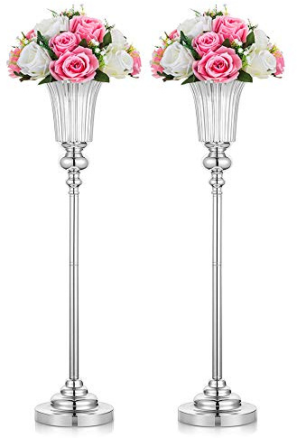 NUPTIO Tall Silver Vases for Centerpieces: 2 Pcs 67.8cm Wedding Table Centrepieces Trumpet Vase Metal Flower Stand for Party Anniversary Ceremony Birthday Decorations