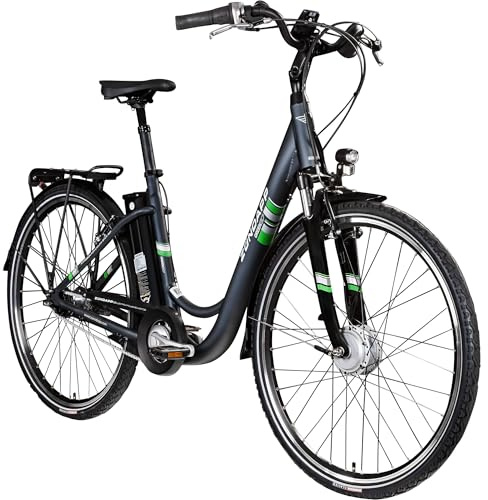 ZÜNDAPP E Bike City 28 Zoll | Elektro Fahrrad für 150-175 cm | 7 Gang Ebike Vorderrad Motor | E-Bike Elektrofahrrad mit Beleuchtung | Retro Hollandrad Green 3.7 (grau, 48 cm)