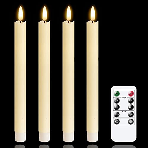 Mavandes LED Flameless Taper Candles with Remote Timer,Ivory Battery Operated Flickering Window Candles, Pack of 4 Real Wax Warm Fire 3D-Wick Flameless Candlesticks,Home Wedding Decor(2cm x 25cm)