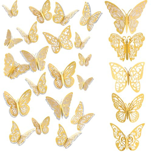 FIHODONE 60 Pezzi Farfalle Decorative Adesivi Murali 3D Oro,Farfalle Decorazioni Torta Compleanno Cinque Stili,Decorazioni Casa Tre Misure Adesivi Decorativi Topper Torta Compleanno