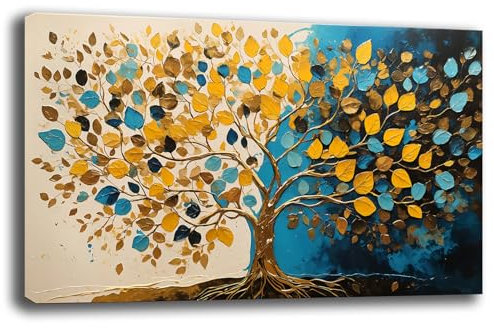 Quadro Moderno Astratto ALBERO della VITA giallo blu Quadri moderni soggiorno da Parete XXL grande Stampa su tela Canvas Decorazione Murale muro Arredo Camera da letto Salone (8, 40x70 cm)