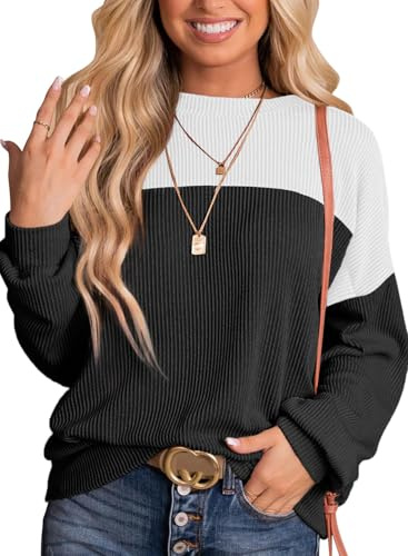 DUOEASE Damtröja höst rund hals oversied sweatshirt färgblock toppar texturerad långärmad tröja, Svart-vit, M