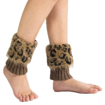1/2 paire de jambières d'hiver tricotées pour femme - En fourrure synthétique - Crochet - Chaussettes courtes - Imprimé léopard - En fausse fourrure - Chauffe-chevilles (26 cm)