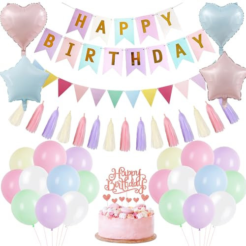 Geburtstag Deko Ballon Girlande für Mädchen - Geburtstagsdeko Set mit Happy Birthday Banner Tortendeko Pastell Luftballons und Wimpelkette, Dekoration für Kindergeburtstag Babyparty