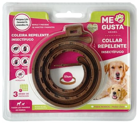 ME GUSTA Collar Repelente para Perros con 3 Activos Naturales Margosa, Geraniol Y Lavandino | Repele Todo Tipo de Insectos | Fragancia Cítrica | Estuche | 57 cm