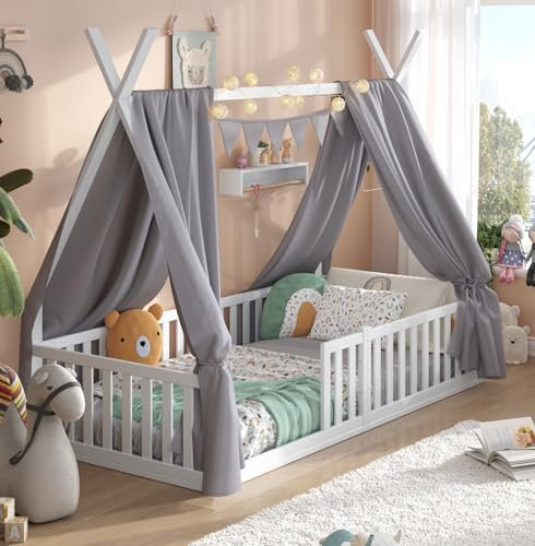 ALAVYA HOME® Kinderbett Hausbett Bodenbett Sky Set mit Deko und Matratze I FSC® zertifizierte inkl. Rausfallschutz & Lattenrost (Hausbett mit Deko Grau und Matratze, 90 x 200 cm)