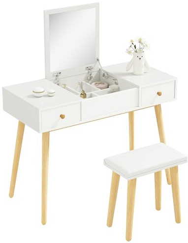 HOMCOM Tavolo da toilette con specchio e sgabello, tavolo da trucco con 2 cassetti e specchio pieghevole, cuscino imbottito, tavolo da toilette, 100 x 45 x 118 cm, bianco