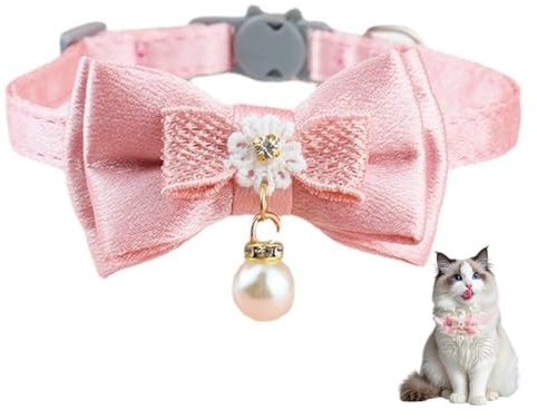 MIRKUZI Colliers pour chats Collier rose pour chat, collier avec nœud, collier réglable avec sangle de sécurité, strass pour petits chiens et chats (rose)