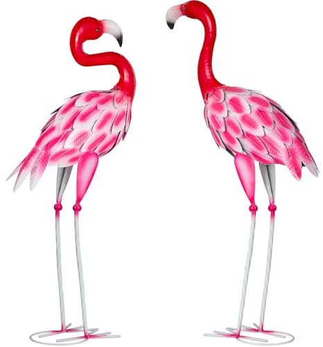 Velibobo Lot de 2 statues d'art flamant rose en métal - Sculptures de jardin pour l'extérieur, maison, terrasse, pelouse, arrière-cour