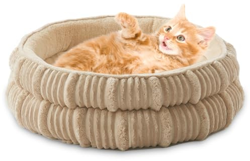 Cat Beds for Indoor Cats,Kitten Bed,Dog Bed for Extra Small Dogs Breeds,Puppy Kennel Bed, Comfy Durable Pet Sleeping Bed, Washable Roun Cat Beds & Non-Slip Bottom, Beige 18 L x 18 W x 7 Th