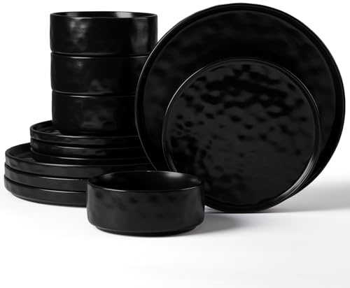 Herogo 12 Piece Dinner Set, Stoneware Dinnerware Sets for 4 People, Reactive Glaze Dining Plates and Bowls, Microwave and Dishwasher Safe, Chip and Scratch Resistant, Matte Black