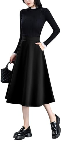 BiilyLi Jupe Longue Femme Hiver Élégant Laine Carreaux Haute Taille A-Ligne Midi Jupes Casual Skirt Noir -XL(Taille élastique: 83 cm)