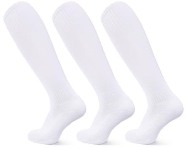 JOCMIC 3 Pairs Kids Football Socks, Junior Knee High Sports Socks Boys Long Cushioned Training Rugby Hockey Socks Aged 5-12, White
