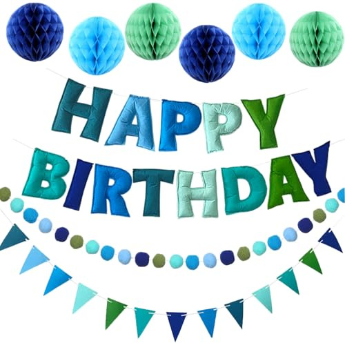Reusable Felt Happy Birthday Banner - Felts Fabric Banner Felt Ball Garland - Happy Birthday Garland, Handmade Letters & Balls Personalized Party Sign for Birthdays Party Decorations (Blue)