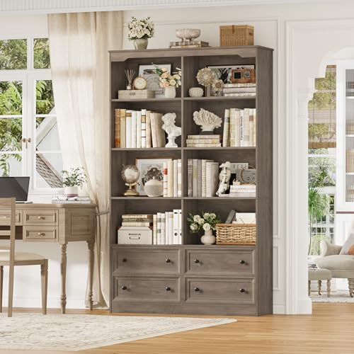 FINETONES 71 Tall Bookshelf with 4 Drawers, 6-Tier Double Wide Bookshelves and Bookcases with Storage, Ash Grey Bookshelf Large Open Bookshelves Standing Book Cabinet for Home Office