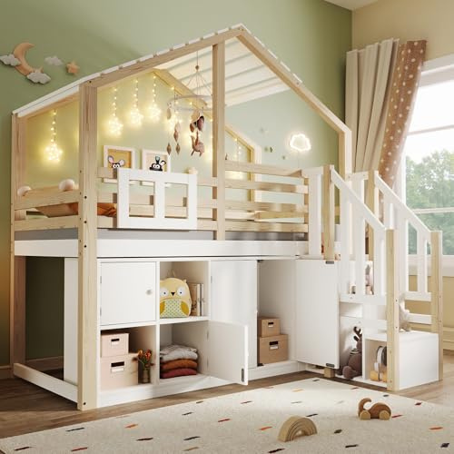 Luxeza Letto a soppalco, 90 x 200 cm, a forma di casa, con più armadietti, scaletta, finestra, senza materasso, bianco e naturale