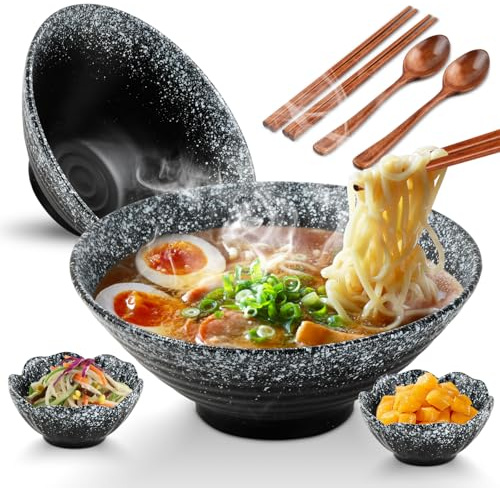 Ecofocet Juego Japonés de Vajilla, 2 Juegos Ramen Bowl de Cerámica,con Palillos, Cucharas y Condimento Plato, Tazones de Sopa de Fideos Japoneses, para Fideos, Ensalada de Frutas, Verduras