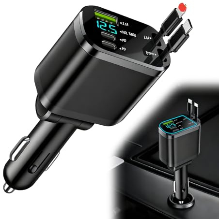5 in 1 Rapide Chargeur Allume Cigare USB 75W, Adaptateur Voiture avec USB×1+Type-C×2, 2 Câbles Rétractables Port, 12V/24V Compatible avec Smartphones, Tablettes et Appareils Multiples