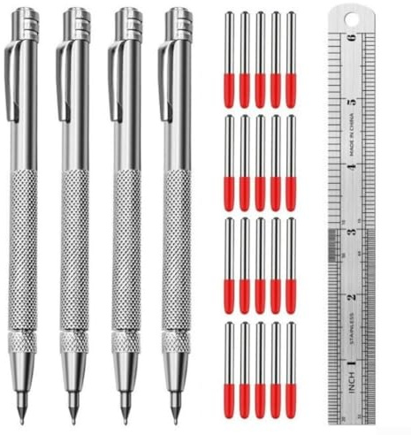 Lot de 4 stylos à tracer magnétiques avec poignée moletée en aluminium et pointes en carbure à changement rapide pour le marquage du métal, du verre, du marbre et du bois (4 stylos et 20 aiguilles)