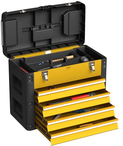 HOMCOM Boîte à outils à 4 tiroirs, caisse à outils en acier thermolaqué avec plateau amovible, mini-boîtes, glissières à billes, poignée, coffre à outillage robuste pour atelier et garage, jaune