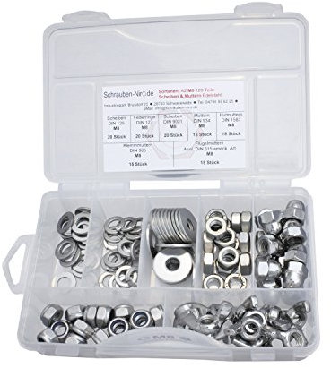 Sortiment Muttern und Scheiben M8 Edelstahl V2A Muttern DIN 934, Hutmuttern DIN 1587, Klemmmuttern DIN 985, Flügelmuttern ähnl. DIN 315, Scheiben DIN 125 u. DIN 9021 und Federringe DIN 127 , alles in A2, VA bzw. Nirosta, 120 Teile