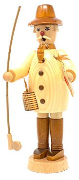 Drechslerei Friedbert Uhlig, Räuchermännchen Nr. 008/n, Angler, Natur, 25 cm hoch, aus regionalem Holz gedrechselt, echte Handarbeit aus dem Erzgebirge, Weihnachten, Holzkunst, Echtholz