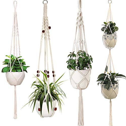 Sixyotie Macramé Pot Suspendu Macramé Plant Hangers Corde de Coton 4 Jambes Pot Suspendu Plante Porte Décoration Intérieur Extérieur Style Bohême Tissés à la Main Fleurs en Macramé (4 Pièces)