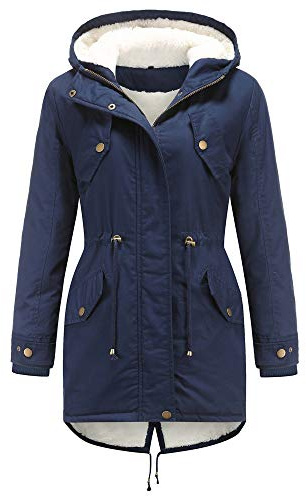WERVOT Damen Parka Winterjacke mit Kapuze, Baumwolle Kordelzug Hoodie Fleece Gefüttert Mantel Warme Fell Jacke Outdoor Lang Coat Mit Taschen(Marine,XL)