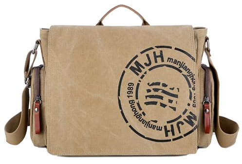 FSD.WG Umhängetasche für Herren aus Segeltuch, Reise-Schultertasche für 34,3 cm (13,5 Zoll) Laptoptaschen, khaki, Large