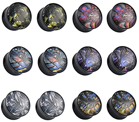 Jboyanpei 12 st/6 par flerfärgade skalmönster öronmätare tunnlar och plugg svart akryl öron stretchkit expanderare storlek 6 mm till 30 mm