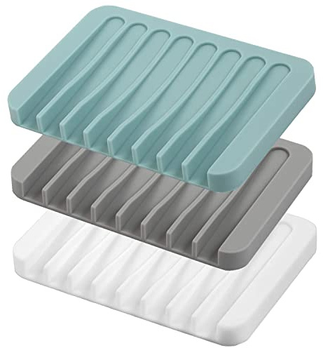 Self Draining Soap Dishes, 3 Pcs Silicone Soap Saver, Waterfall Drainer Soap Holder for Bathroom, Extend Soap Life, Keep Soap Bars Dry Clean & Easy Cleaning (White, Gray, Teal)