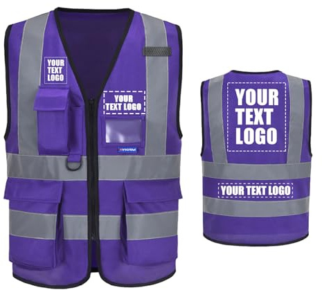 AYKRM 21 färger anpassade tryckta västar med hög synlighet dragkedja med fickor logotyp anpassad reflekterande säkerhetsväst med hög synlighet personlig säkerhetsväst, lila, 4XL 5XL