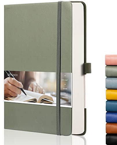 EMSHOI A5 Notebook Dotted Journal - 21.4 x 14.5 cm, 256 Pages, 120gsm Thick Paper, Pen Holder, Back Pocket, Hardback Faux Leather Notepad for Women Men Bullet Journaling - Green