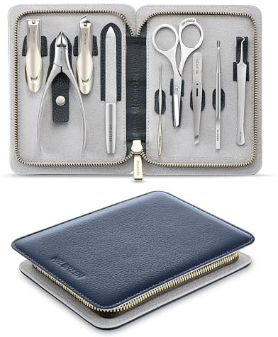 MR.GREEN Set manicure 9 in 1 per pedicure, set di tagliaunghie in acciaio inox tedesco, resistente agli spruzzi, strumenti professionali per la cura delle unghie, con custodia in pelle da viaggio per