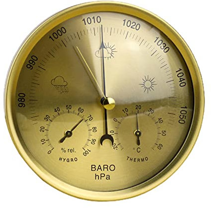 RUNLAIKEJI Barometer, Gold 3 in 1 Home Wandmontage Barometer, Thermometer, Hygrometer, Wetterstation Hängedruckmessgerät, Innen- und Außenluftfeuchtigkeit und Temperaturmessung