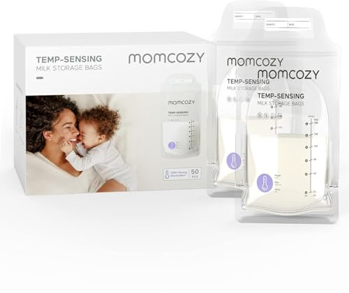 50PCS Momcozy Breastmilk Storing Bags, Temp-Sensing Discoloration Milk Storing Bags for Breastfeeding, Disposable Milk Storage Bag with 6oz Self Standing, No-Leak Milk Freezer Storage Pouches