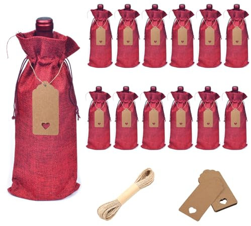 Weinbeutel Jute, FainFun 12 Stück Weintasche Jute, Jutebeutel Weinflasche, Weinflaschen Beutel, Geschenkbeutel Weinflasche, Tischdekoration, Geschenktüte(Rot)