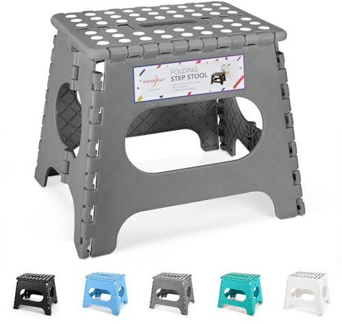 HOUSE DAY 11 Inch Folding Step Stool for Kids- Heavy Duty Plastic Step Stool for Adult Foldable Stools Sturdy Kitchen Step Skid Resistant Folding Stools for Bedroom/Bathrooom-Grey