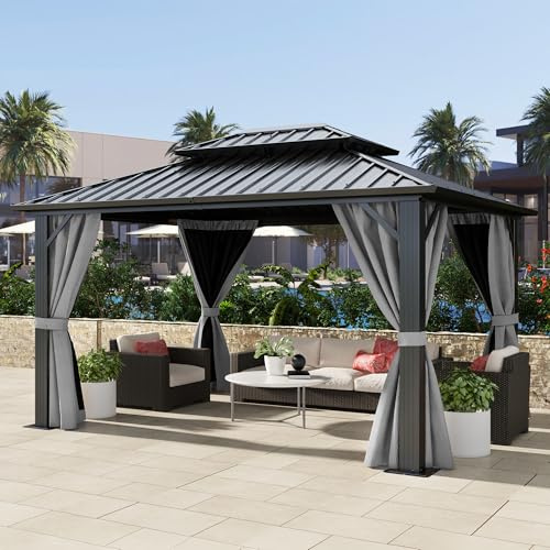 DWVO 10x12ft Hardtop Gazebo Double Roof with Nettings and Curtains, Heavy Duty Galvanized Steel Outdoor Vertical Stripes Roof for Patio, Backyard, Deck, Lawns, Grey