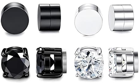 GOZINA 4 Pairs Magnetic Earrings for Men Women, Non-Pierced Magnetic Stud Earrings, Clip on Earrings Women Men Girls Boys, Mens Silver Black Stainless Steel Earring Decorated with Zircons