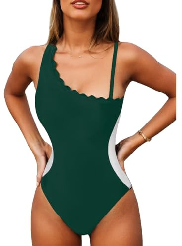 YNIQUE Dambaddräkt magen väg, U-ringad endelad förfining badkläder, push-up monokinis, baddräkt i ett stycke, one shoulder, sexig baddräkt med hög midja, Grön, S