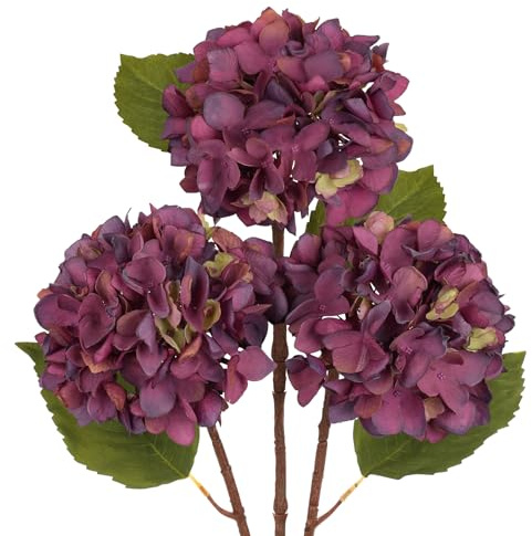 Hollyone Paquete de 3 hortensias artificiales, tallos de hortensias falsos morados con flores grandes de 6 pulgadas, flores de seda de tallo largo para arreglos florales, jarrón alto, decoración del