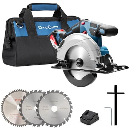 Dong Cheng Cordless Circular Saw 6-1/2-Inch 840W, Cutting Depth 59mm, 0-50° Adjustable with Dust Collection Adaptor, 24T & 40T TCT Blade Included, Battery and Charger Kit (4.0Ah)