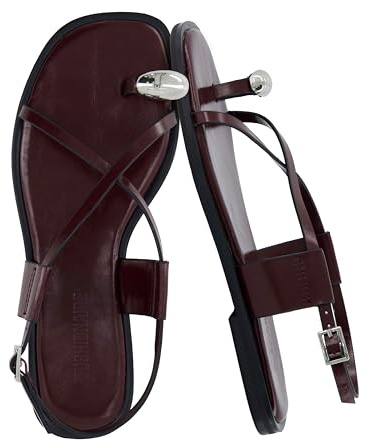 CUSHIONAIRE Corfu Flat Sandals for Women 2025 – Strappy Design with Toe Loop and Adjustable Ankle Strap – Lightweight Summer Dress Sandal, Burgundy, 9 UK