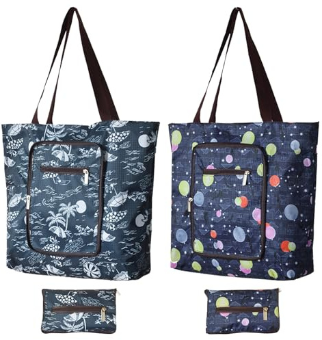 FuxFuis 2 Pz Borse Spesa Riutilizzabili Pieghevoli, Borsa Spiaggia Donna, Sacchetti Spesa Riutilizzabili con Cerniera, Shopping Bag Donna, Grande Borsa in Tessuto Oxford per Lavoro, Palestra e Viaggi
