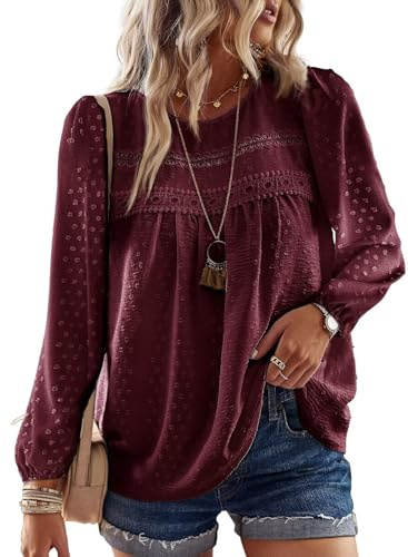 TUUHAW Blouses for Women UK Chiffon Flowy Swiss Dots Women's Tops Cute Boho Pullover Round Neck Long Sleeve Loose Bubble Hem Basic Mulberry 2025 Peplum Clothes XL